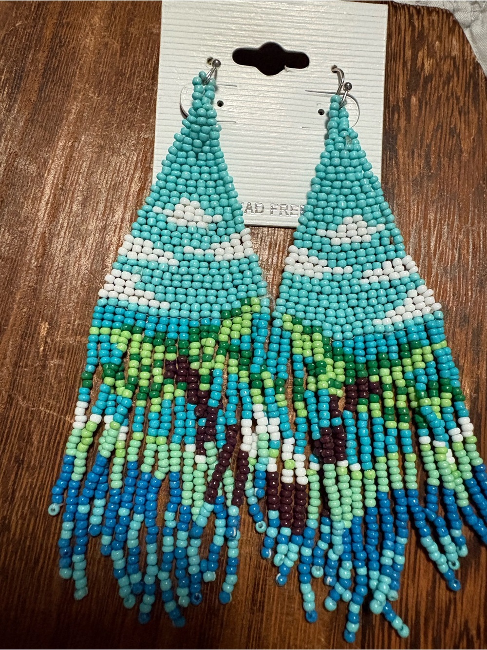 Turquoise & Green Seed Bead Fringe Earrings - Picture 2 of 5